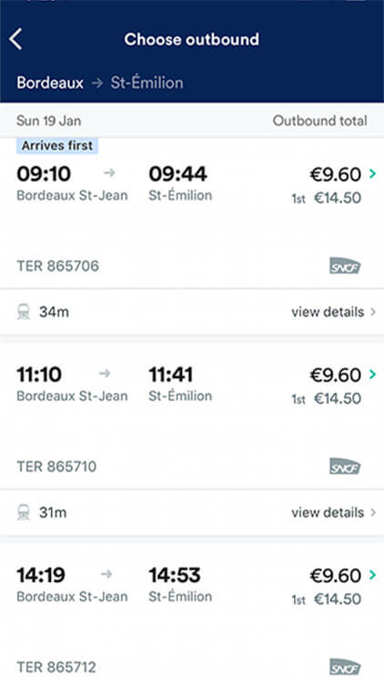 Screenshot of booking a train from Bordeaux to Saint-Émilion in the Trainline app