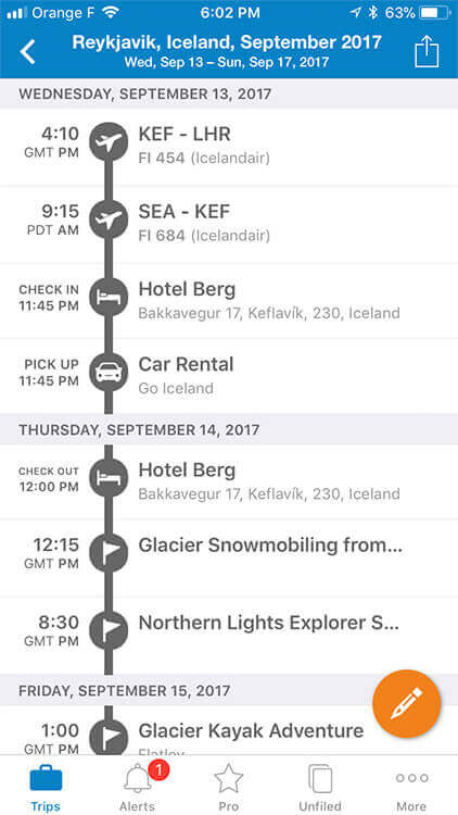 TripIt app with flights, hotels and activities in the schedule