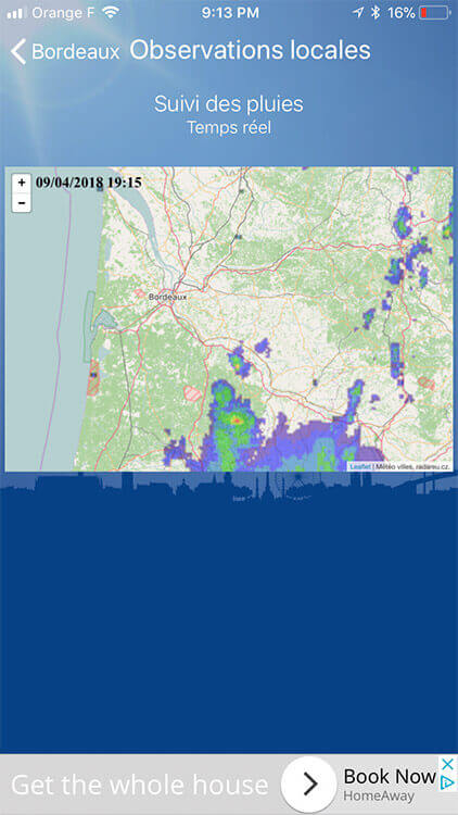 Meteo Bordeaux shows weather in real time