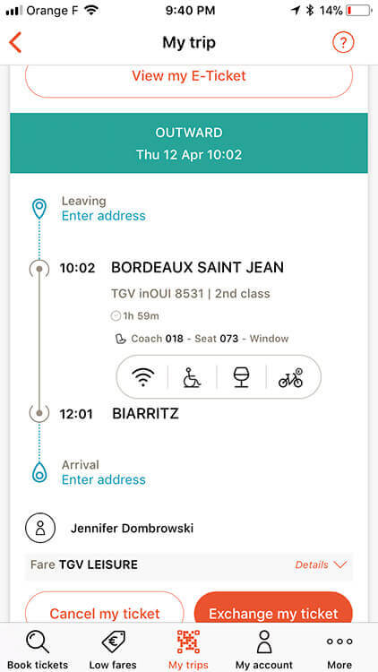 Booking of a train trip from Bordeaux to Biarritz in the OUI.sncf app