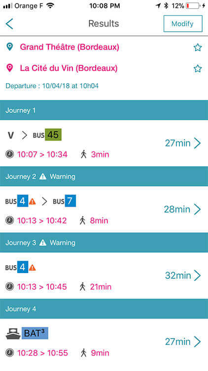 The TBM app showing transportation options between Grand Theatre and La Cite du Vin