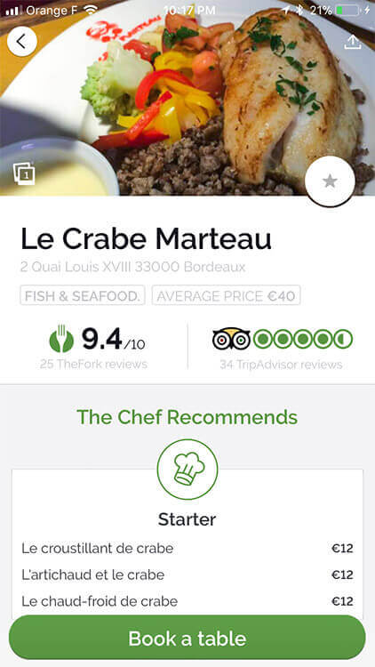 Looking at a sample menu and TripAdvisor reviews in LaFourchette app