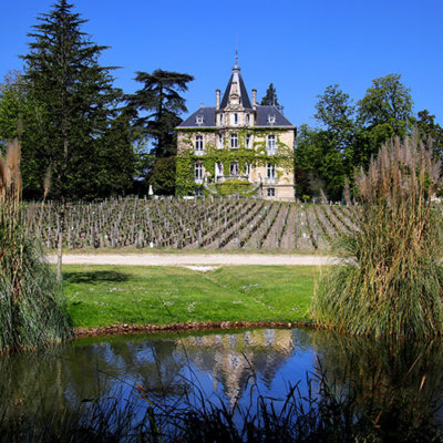 The 19th century mansion covered in vines sitting at the end of one of the plots of grape vines at Chateau Les Carmes Haut-Brion