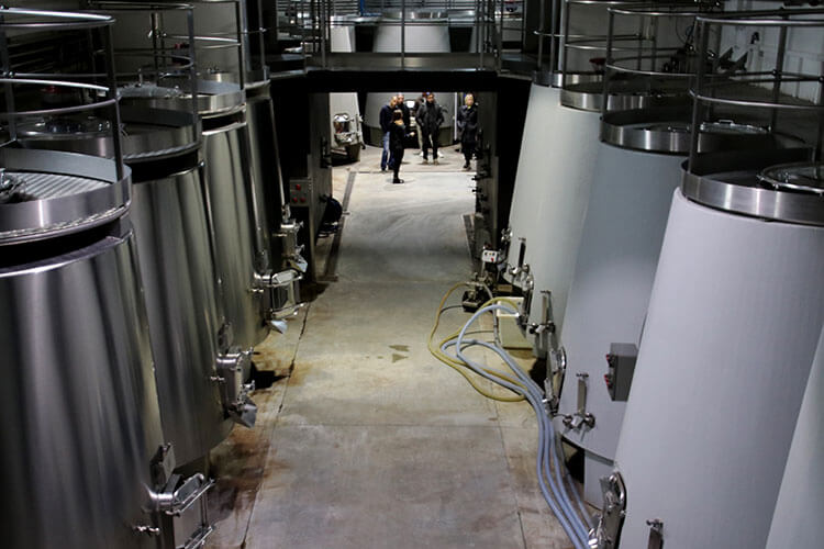 Looking down on the fermentation vats from the walkway above