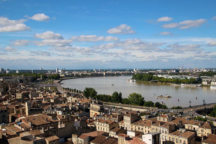 View of curving Garonne River from La Flèche Saint Michel, Bordeaux, France