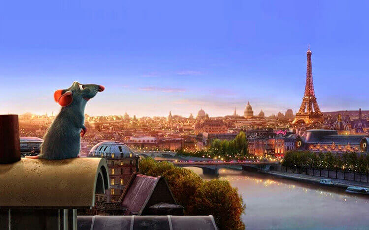 A shot from Ratatoille where Remy looks out over the Parisian rooftops