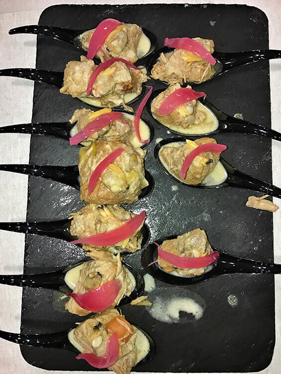 A platter of bites of beef served in Asian style spoons at Ciné Gourmand at La Cite du Vin