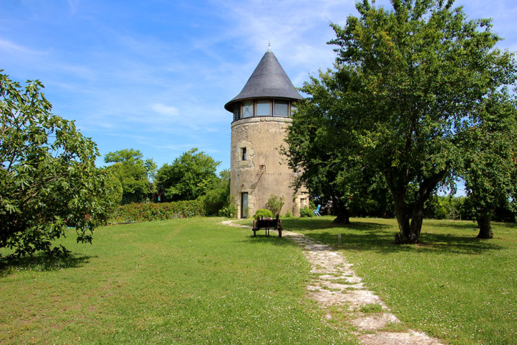 The windmill stands in a garden and next to the swimming pool in Margaux