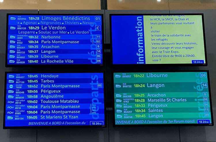 The departures board showing the train departures in Gare de Bordeaux-Saint-Jean