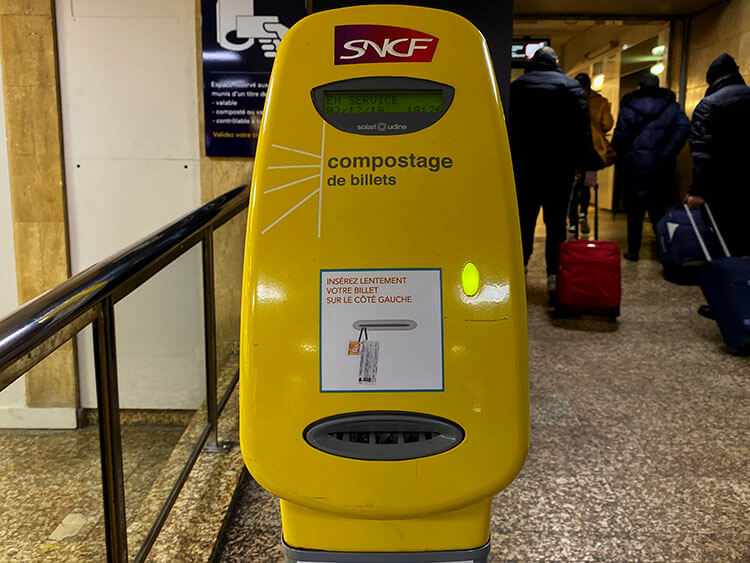 The yellow French train ticket validation machines in the train stations where you validate your ticket