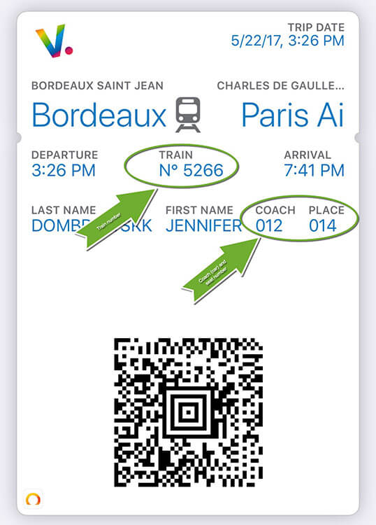 A screen shot of an e-ticket for a TGV Bordeaux Paris train