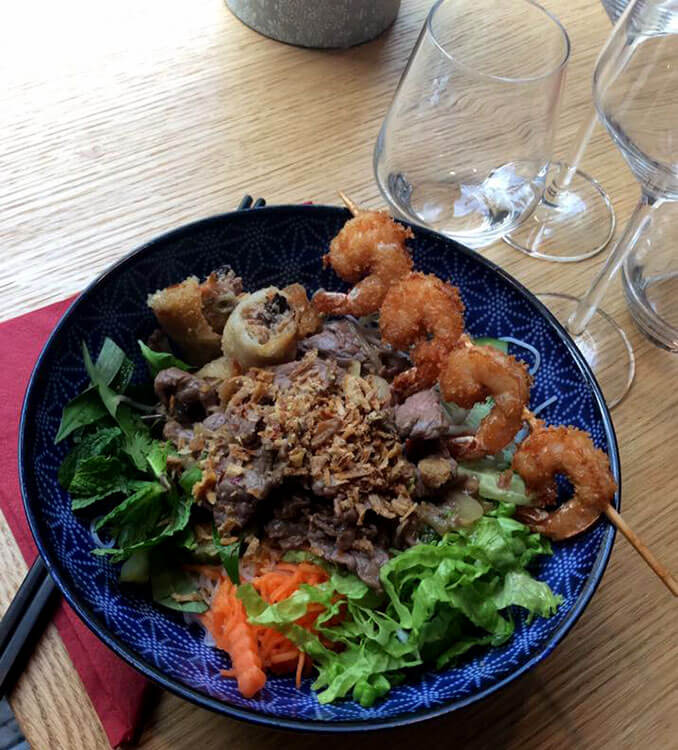 BoBunTom with vermicelli noodles and perfumed beef with fried shrimp at Cafe Saigon in Saint-Émilion