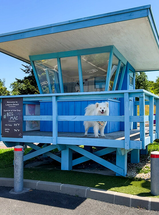 A powder blue Laguna Beach style lifeguard shack stands at the drive-thru entrance to the McDonald's V-O in Villenave-d'Ornon