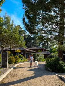 Jennifer and Coco walk on the path among the pine trees and lodges at Domaine du Ferret in Claouey, Lège-Cap-Ferret, France