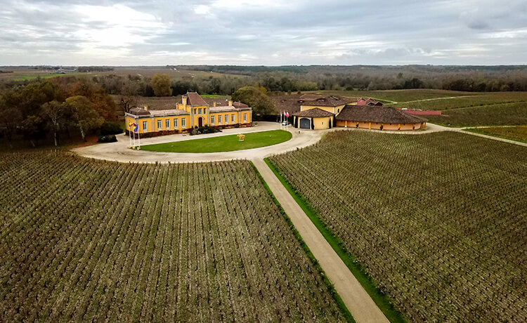 An aerial drone photo of the vineyards fanning out in front of the canary yellow castle of Château Lafon-Rochet