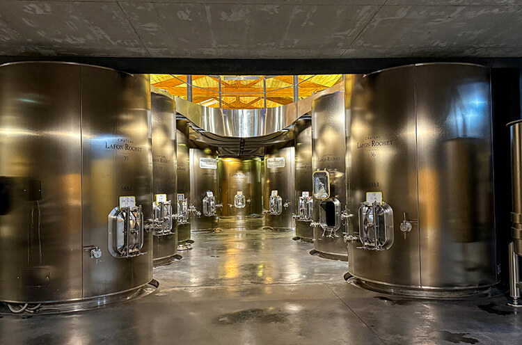 The curved stainless steel vat room at Château Lafon-Rochet 
